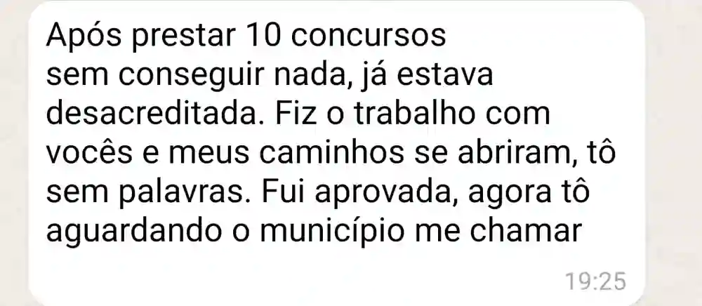 Depoimento de cliente sobre aprovação em concurso público municipal